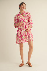 Fuchsia Abstract Floral Front Tie 3/4 Sleeve Dress