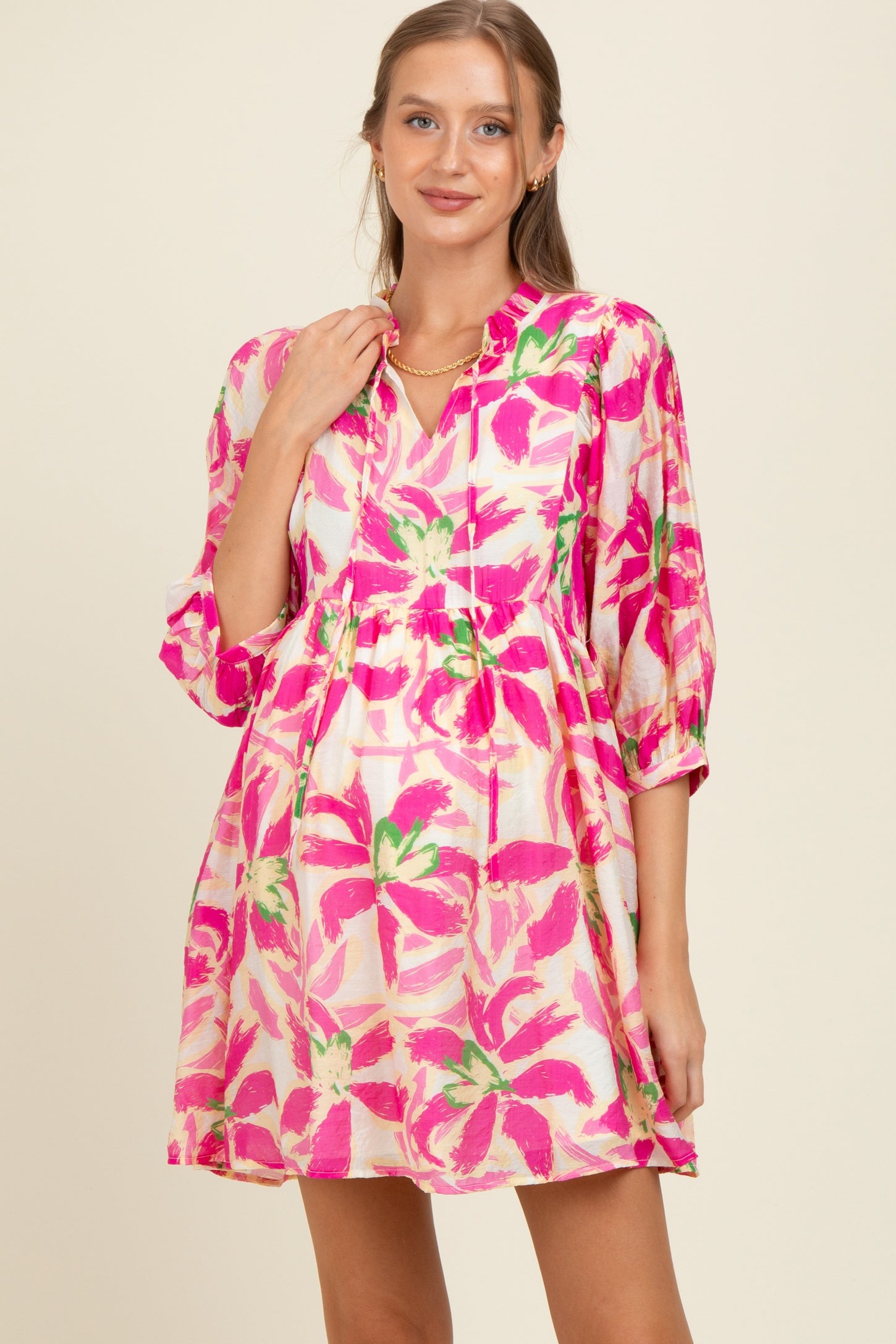 Fuchsia Abstract Floral Front Tie 3/4 Sleeve Maternity Dress