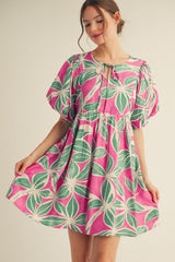 Fuchsia Floral Front Tie Puff Sleeve Dress