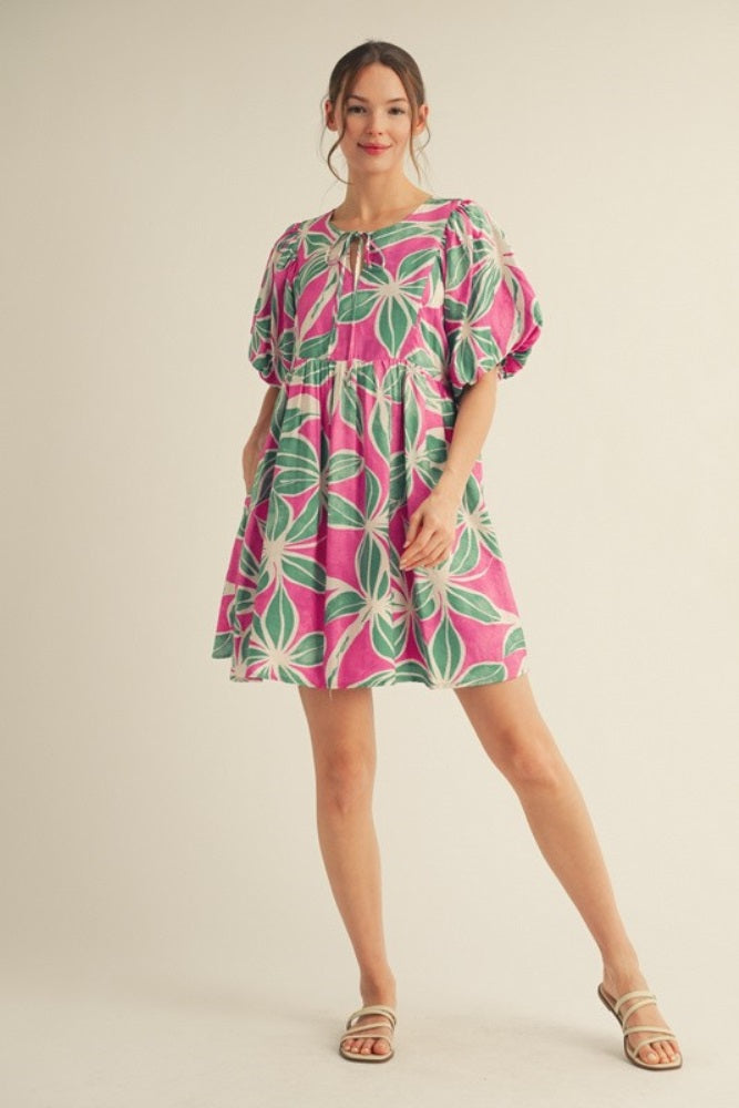 Fuchsia Floral Front Tie Puff Sleeve Dress