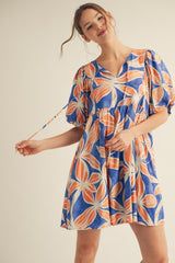 Royal Blue Floral Front Tie Puff Sleeve Dress
