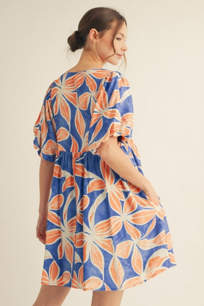 Royal Blue Floral Front Tie Puff Sleeve Dress