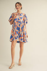 Royal Blue Floral Front Tie Puff Sleeve Dress