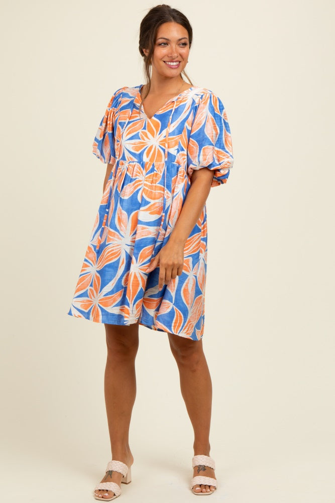 Royal Blue Floral Front Tie Puff Sleeve Maternity Dress