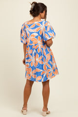 Royal Blue Floral Front Tie Puff Sleeve Maternity Dress