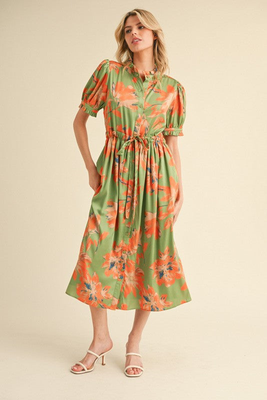 Light Olive Floral Satin Button Down Midi Dress