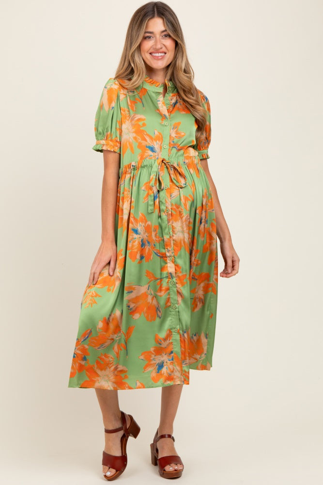 Light Olive Floral Satin Button Down Maternity Midi Dress
