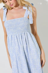 Blue Floral Smocked Shoulder Tie Midi Dress