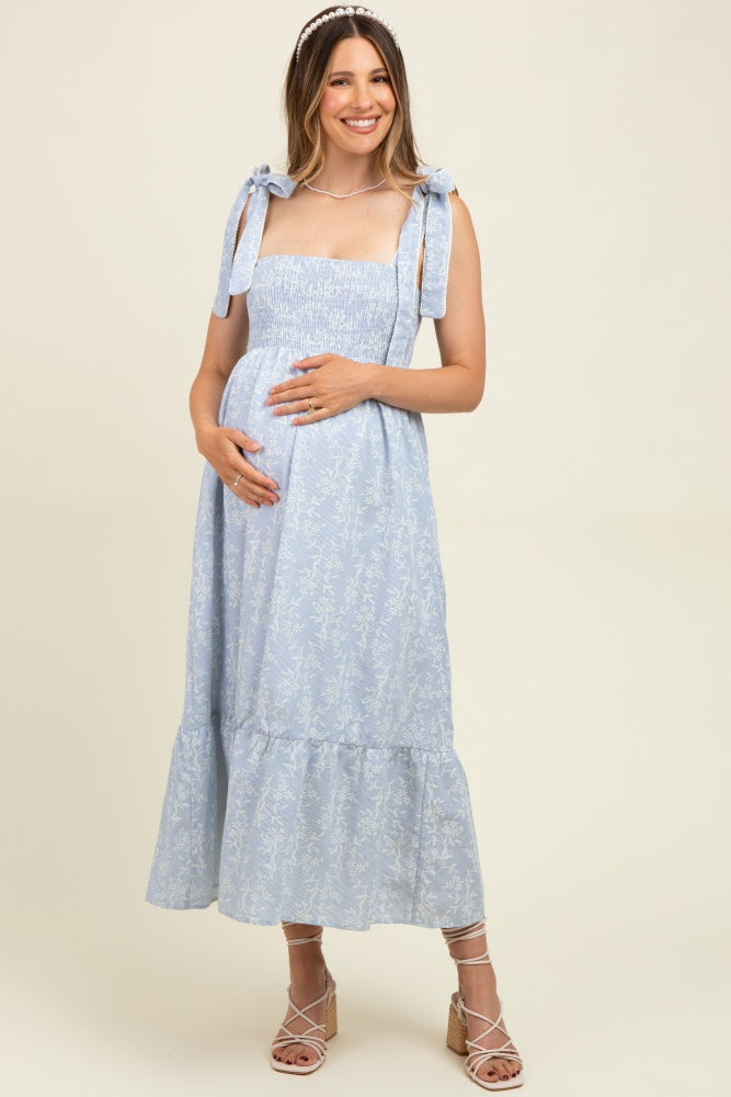 Blue Floral Smocked Shoulder Tie Maternity Midi Dress