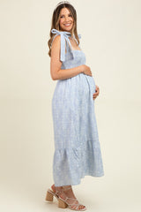 Blue Floral Smocked Shoulder Tie Maternity Midi Dress
