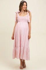 Pink Floral Smocked Shoulder Tie Maternity Midi Dress