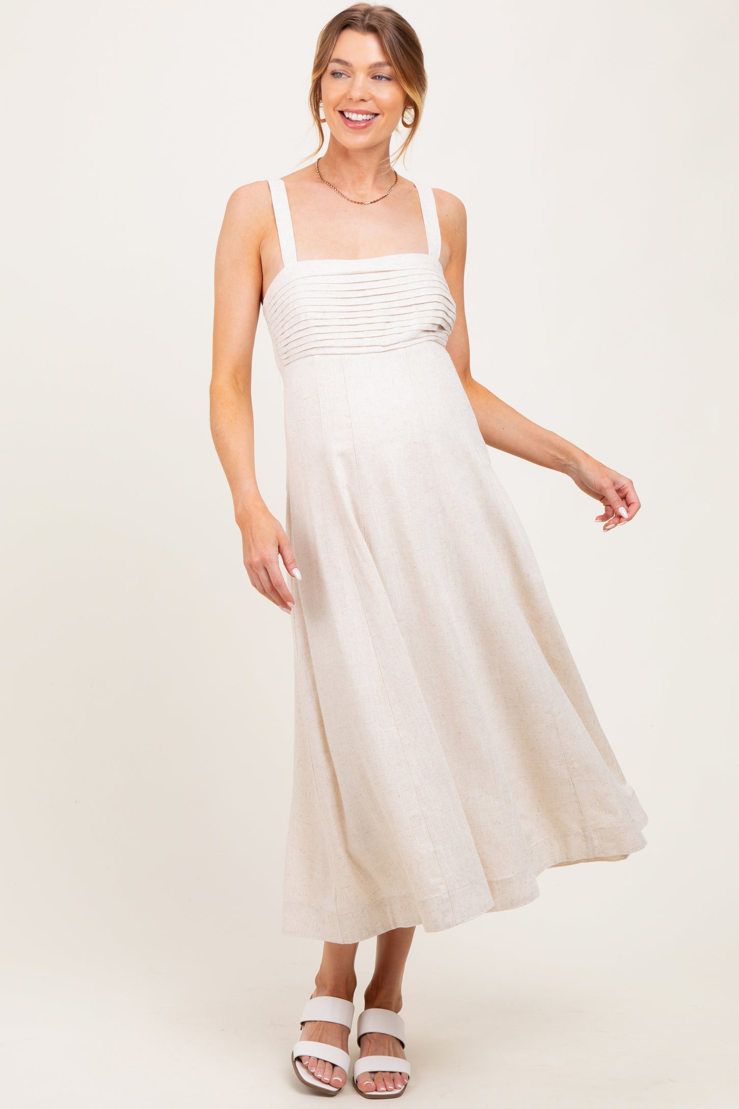 Cream Pleated Bodice Maternity Midi Dress
