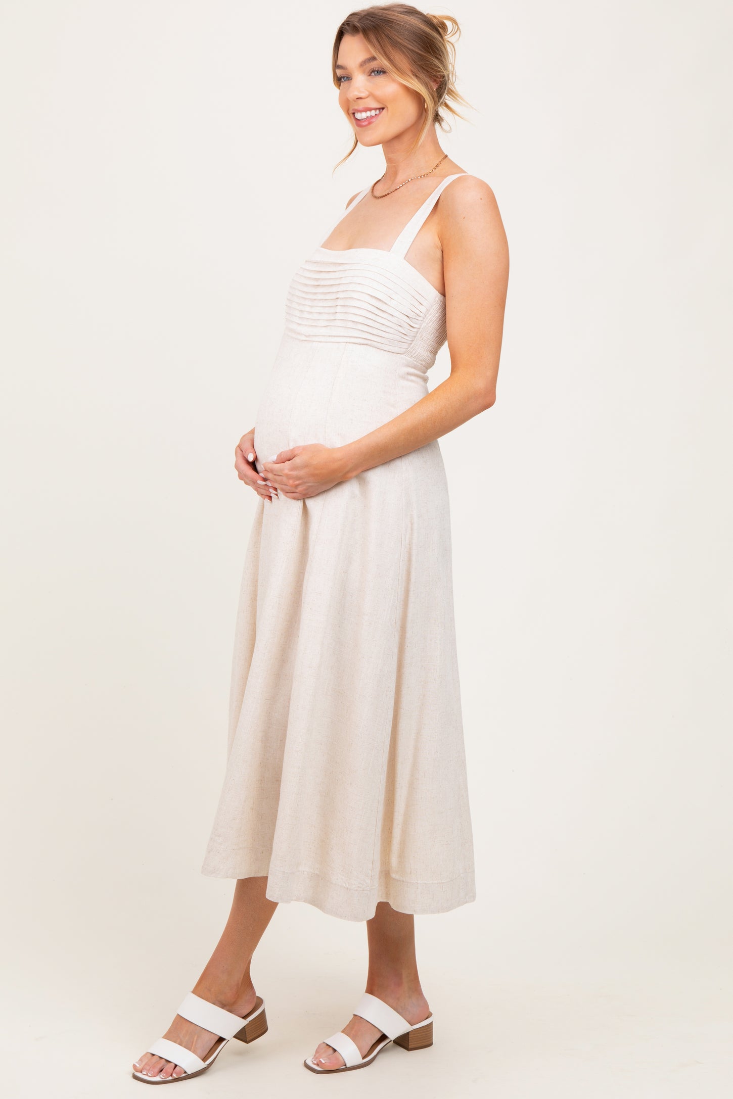 Cream Pleated Bodice Maternity Midi Dress