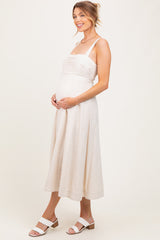 Cream Pleated Bodice Maternity Midi Dress