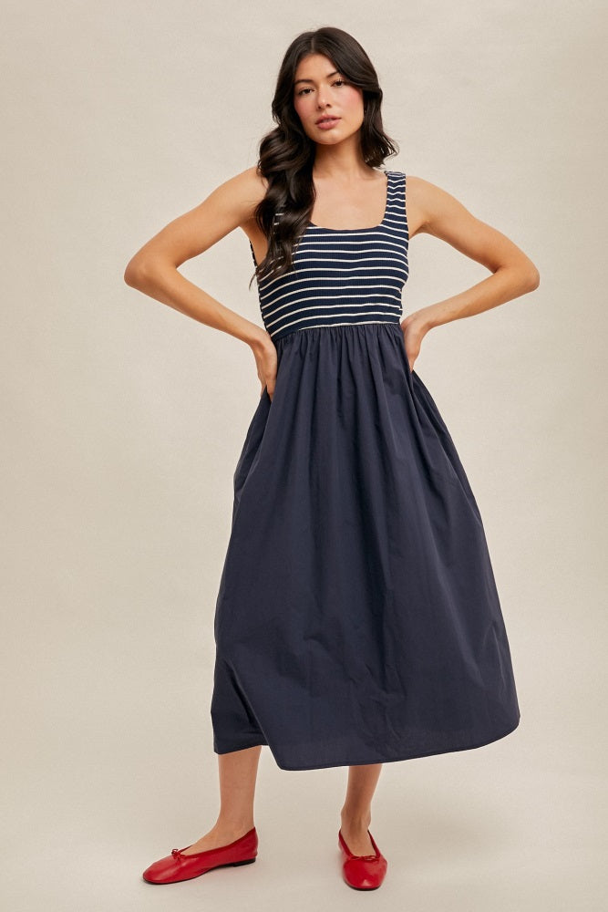 Navy Striped Contrast Sleeveless Maternity Midi Dress