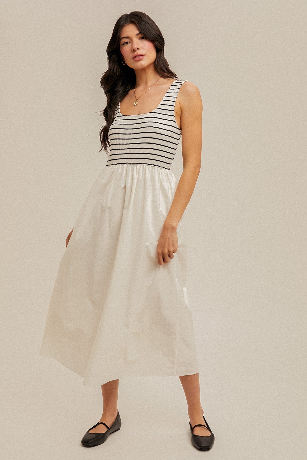 White Striped Contrast Sleeveless Midi Dress