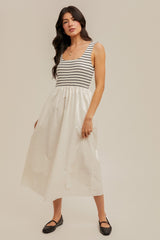 White Striped Contrast Sleeveless Midi Dress