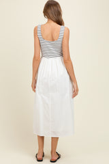 White Striped Contrast Sleeveless Maternity Midi Dress