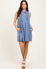 Blue Chambray Pleat Detail Sleeveless Shirt Dress