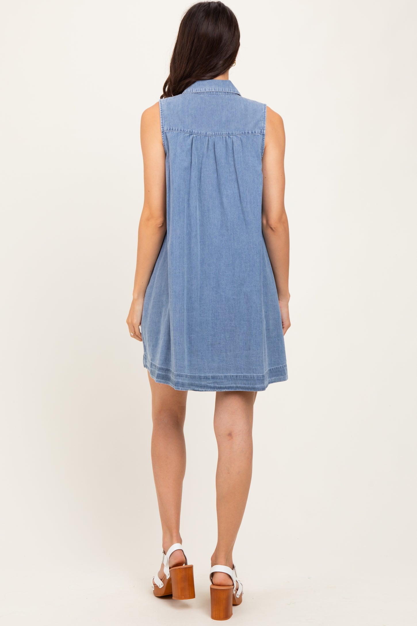 Blue Chambray Pleat Detail Sleeveless Shirt Dress