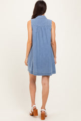Blue Chambray Pleat Detail Sleeveless Shirt Dress