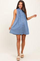Blue Chambray Pleat Detail Sleeveless Maternity Shirt Dress