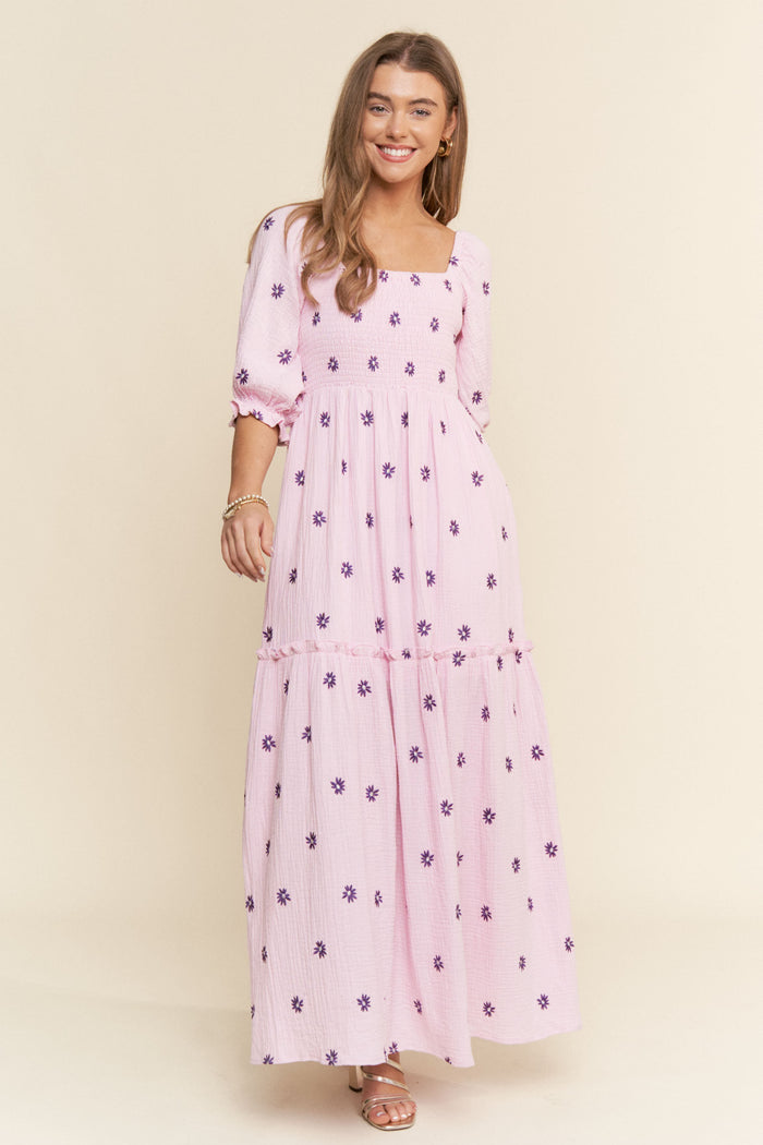 Lavender Floral Smocked Puff Sleeve Maxi Dress