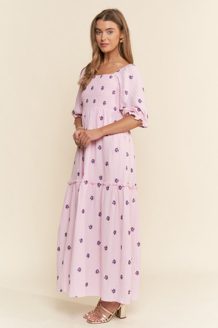 Lavender Floral Smocked Puff Sleeve Maxi Dress
