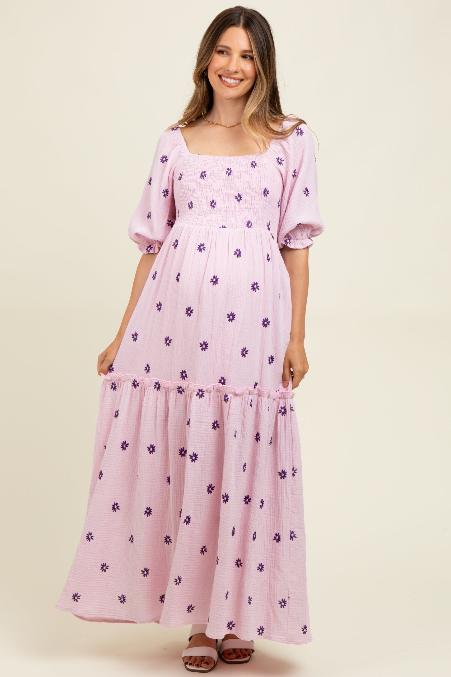 Lavender Floral Smocked Puff Sleeve Maternity Maxi Dress