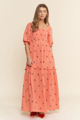 Orange Floral Smocked Puff Sleeve Maxi Dress