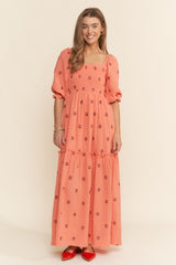 Orange Floral Smocked Puff Sleeve Maternity Maxi Dress
