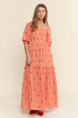 Orange Floral Smocked Puff Sleeve Maxi Dress