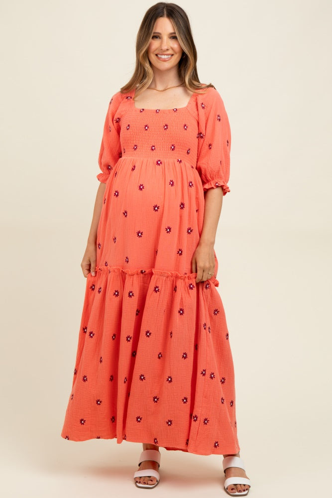 Orange Floral Smocked Puff Sleeve Maternity Maxi Dress