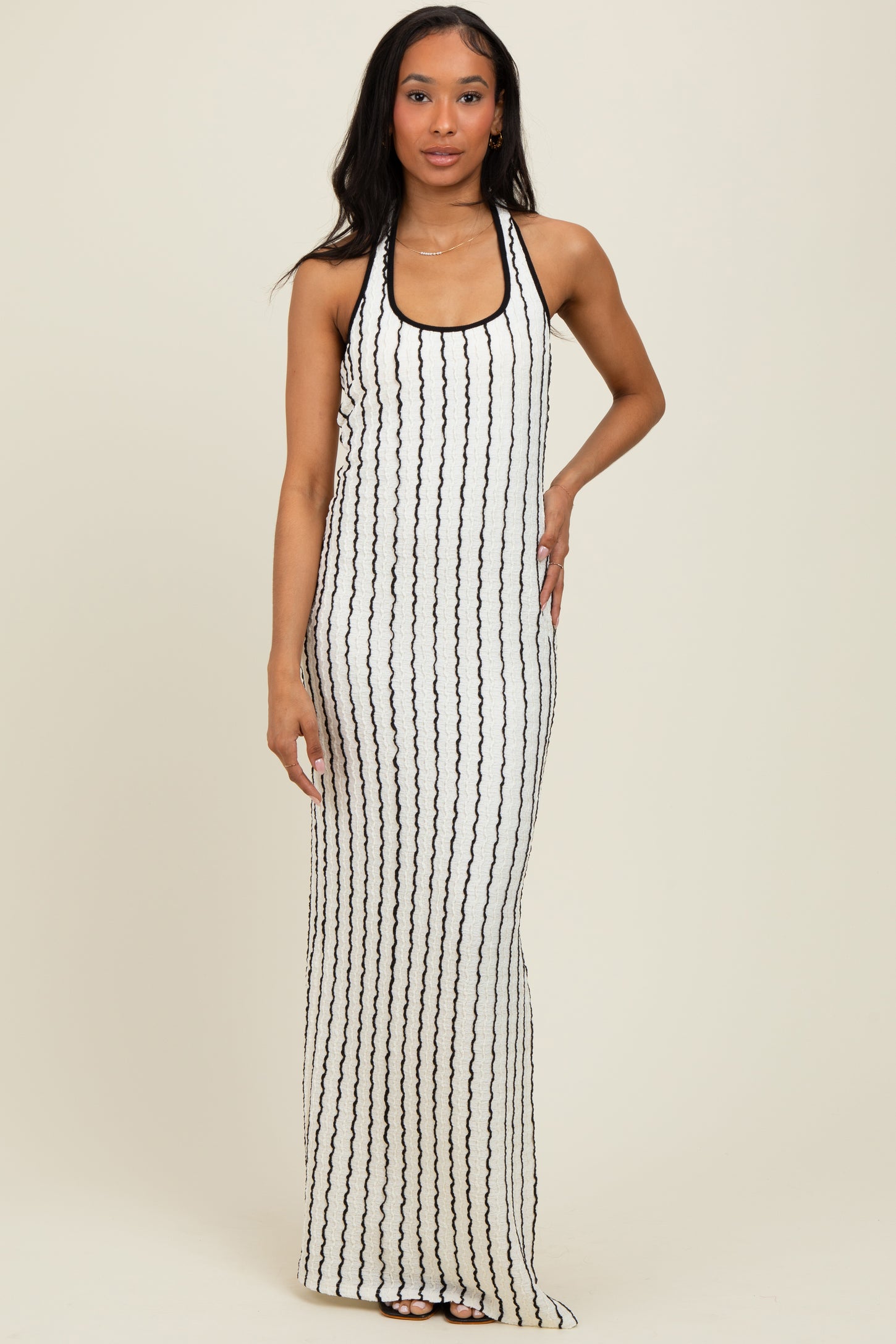 White Textured Stripe Halter Side Slit Maxi Dress