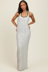 White Textured Stripe Halter Side Slit Maxi Dress