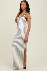 White Textured Stripe Halter Side Slit Maxi Dress