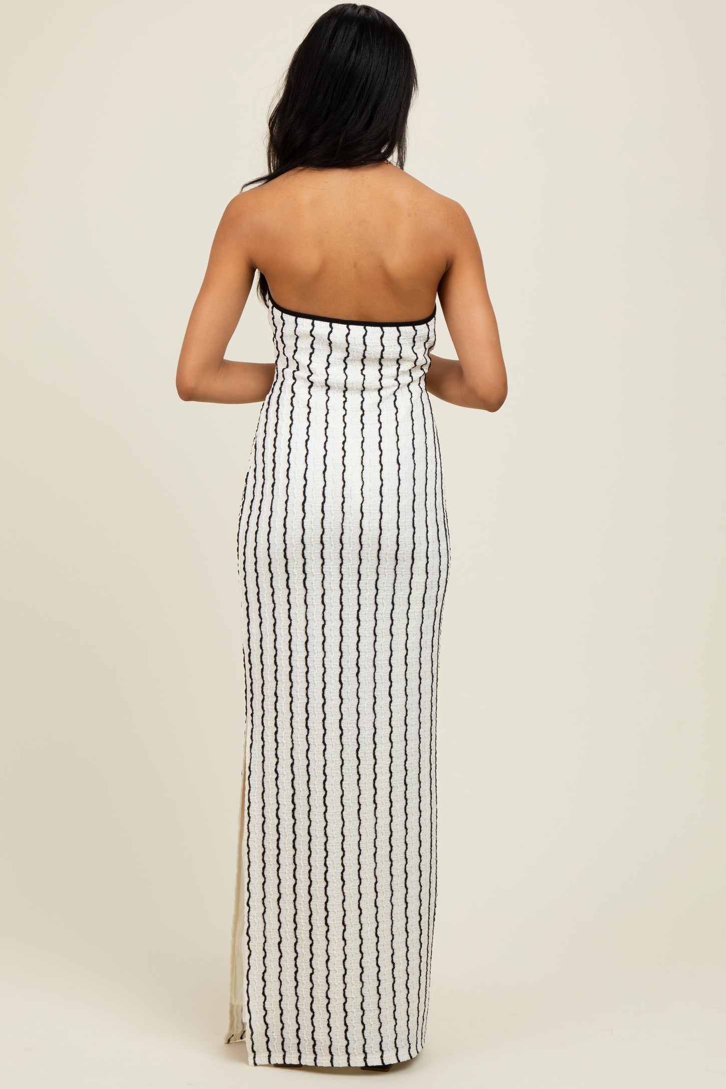 White Textured Stripe Halter Side Slit Maxi Dress