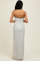 White Textured Stripe Halter Side Slit Maxi Dress