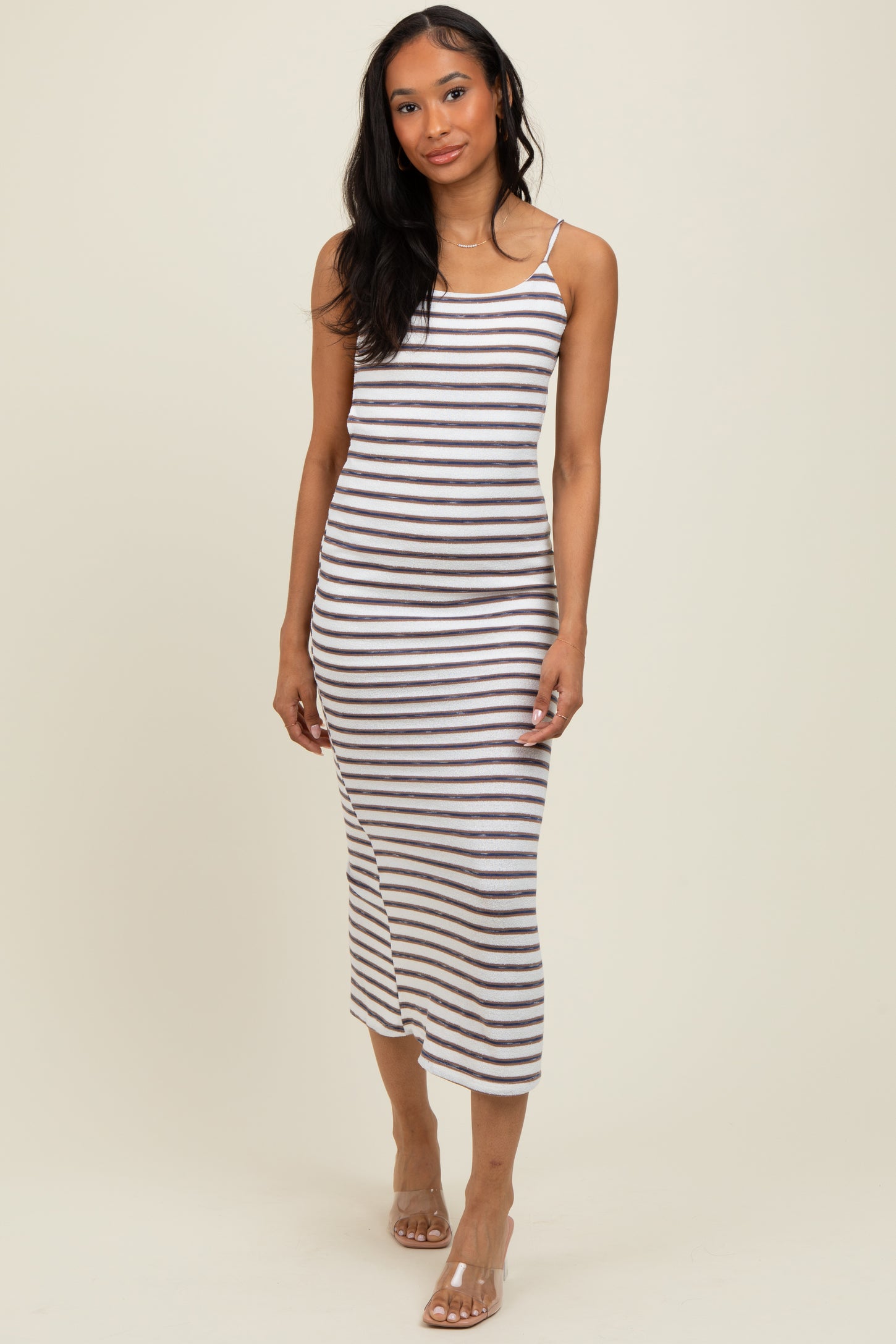 White Striped Backless Tie Maxi Dress