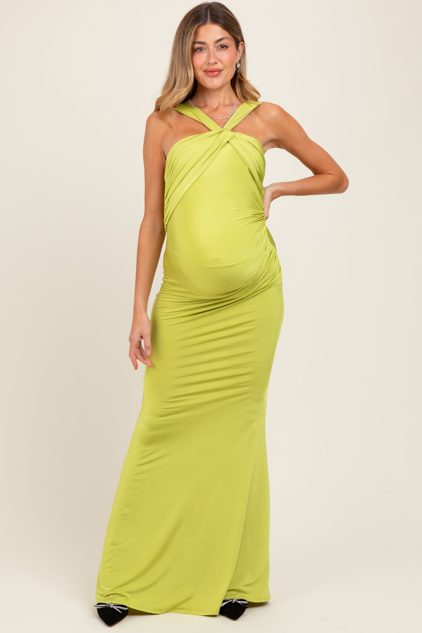 Lime Twist Front Ruched Maternity Maxi Dress