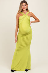 Lime Twist Front Ruched Maternity Maxi Dress