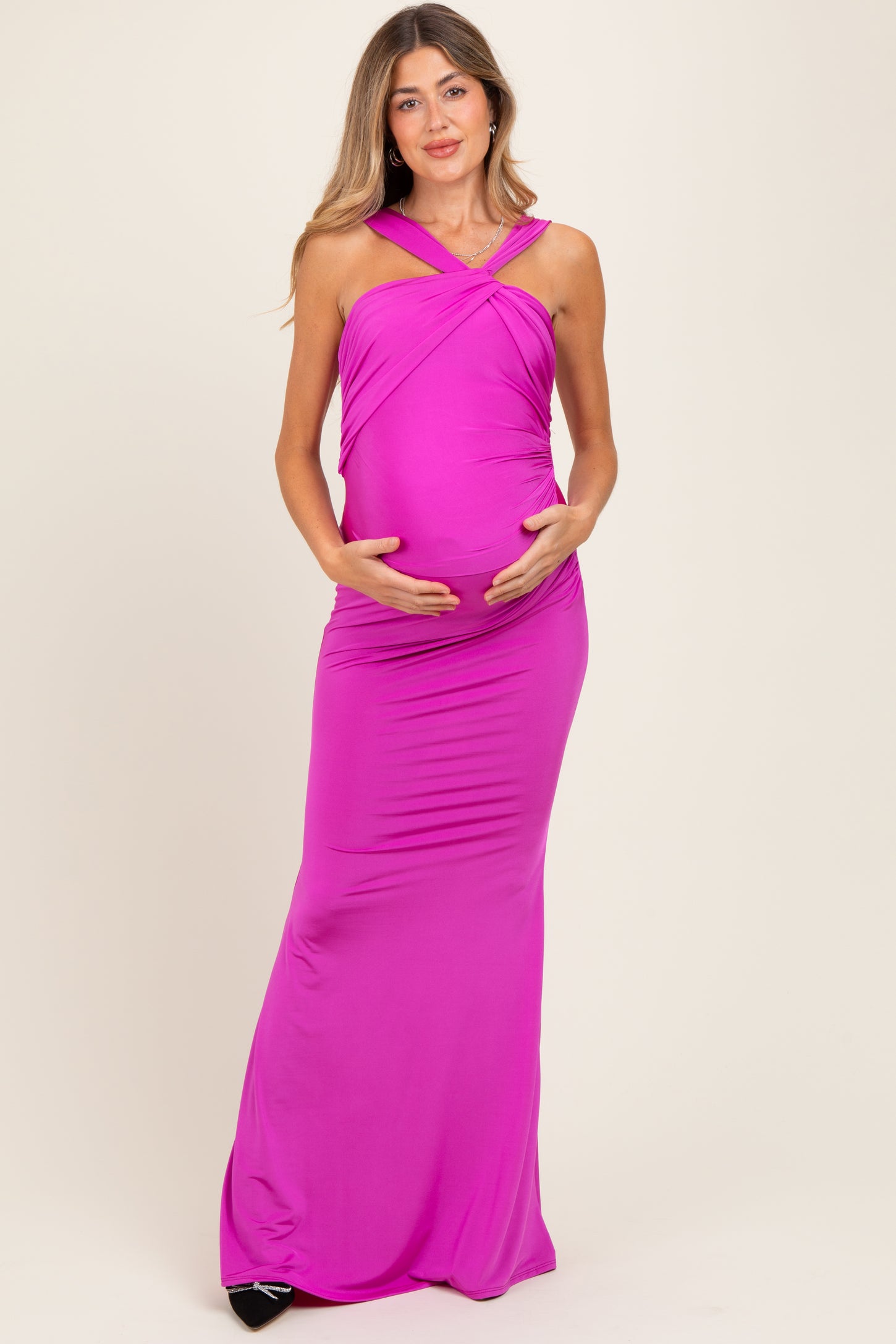 Violet Twist Front Ruched Maternity Maxi Dress