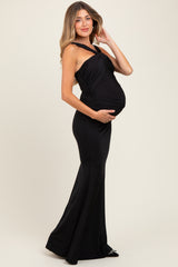 Black Twist Front Ruched Maternity Maxi Dress