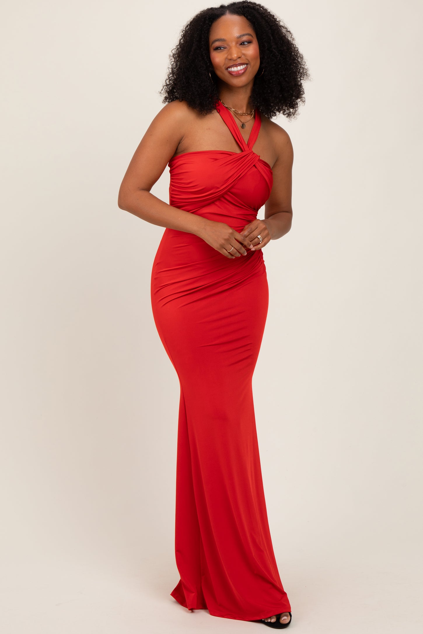 Red Twist Front Ruched Maternity Maxi Dress
