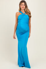 Turquoise Twist Front Ruched Maternity Maxi Dress