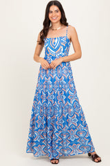 Blue Printed Sleeveless Maxi Dress