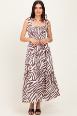 Brown Animal Print Smocked Shoulder Tie Midi Dress
