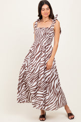 Brown Animal Print Smocked Shoulder Tie Midi Dress
