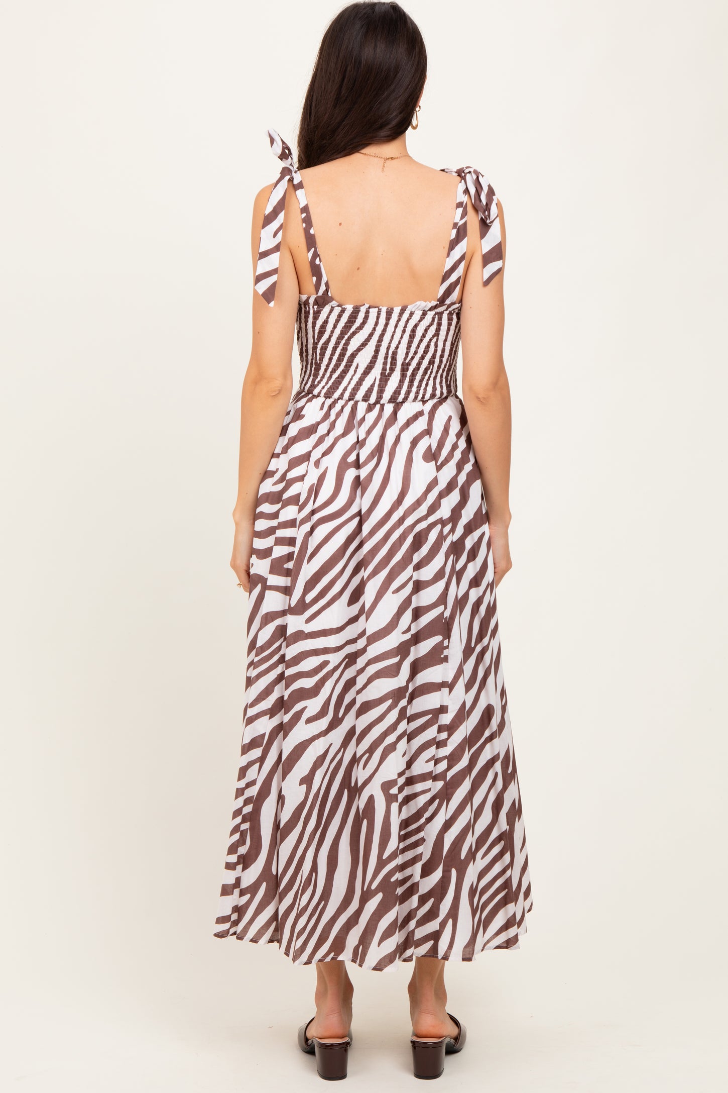 Brown Animal Print Smocked Shoulder Tie Midi Dress