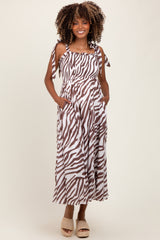 Brown Animal Print Smocked Shoulder Tie Maternity Midi Dress